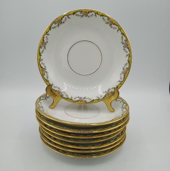 Vignaud Limoges Meuse 24k Gold Trim Floral Tea Saucers Set 8 Antique Vintage - Picture 1 of 13
